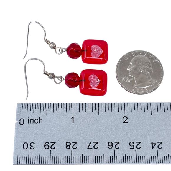 Estate Sterling Silver 925 Heart Red Beaded Dangle Earrings - Picture 5 of 6